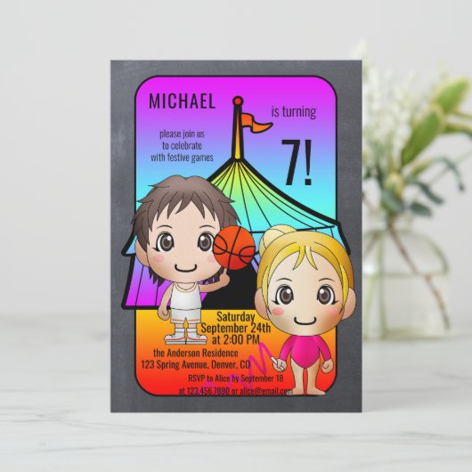 Colorful Games Festive Kids Birthday Uitnodiging (Staand voorkant)