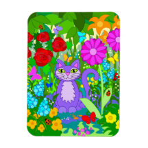 Colorful Garden Cat Art Fantasy Flowers Ladybugs