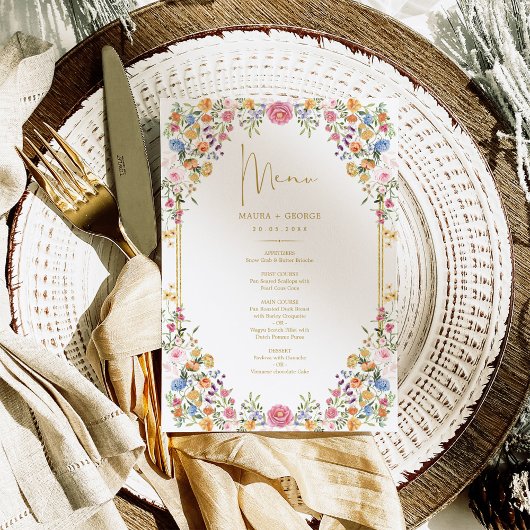 Colorful Garden Flowers Spring Wedding Menu Kaart