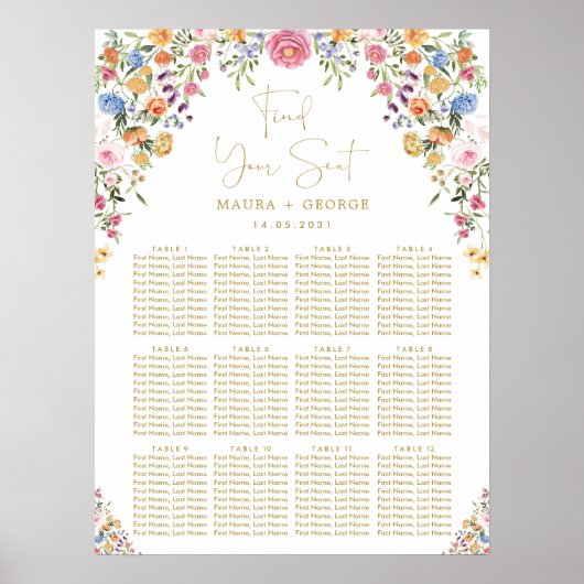 Colorful Garden Flowers Wedding Seating Chart Poster (Voorkant)