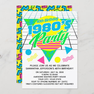 Colorful Geometric 1980s 80s 40th Birthday Party Kaart