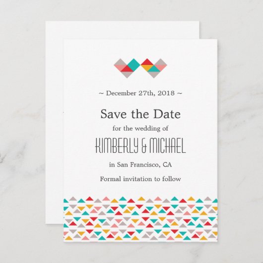 Colorful Geometric Triangle Hearts Weddenschap Aankondigingskaart (Voorkant / Achterkant)