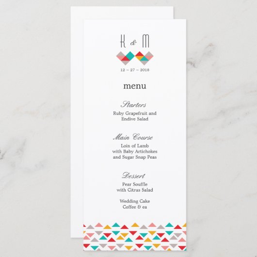 Colorful Geometric Triangle Hearts Weddenschap Menu (Voorkant / Achterkant)