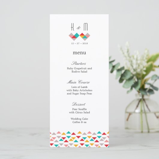 Colorful Geometric Triangle Hearts Weddenschap Menu (Staand voorkant)