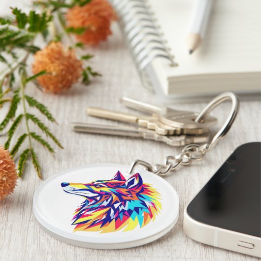 Colorful Geometric Wolf Acrylic Keychain (Voorkant Rechts)