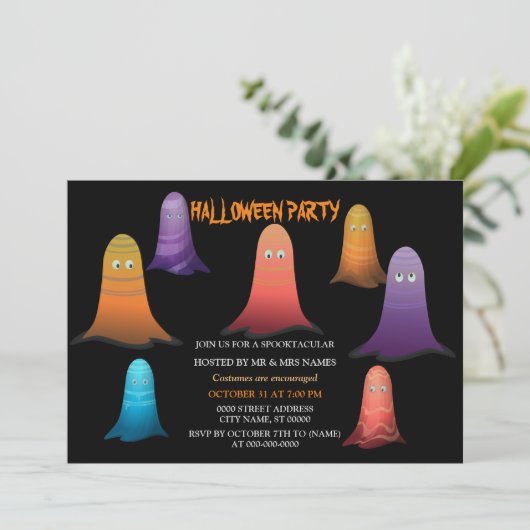 Colorful Ghosts Halloween Invitation Kaart (Staand voorkant)