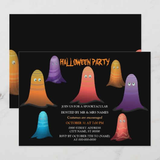 Colorful Ghosts Halloween Invitation Kaart (Voorkant / Achterkant)