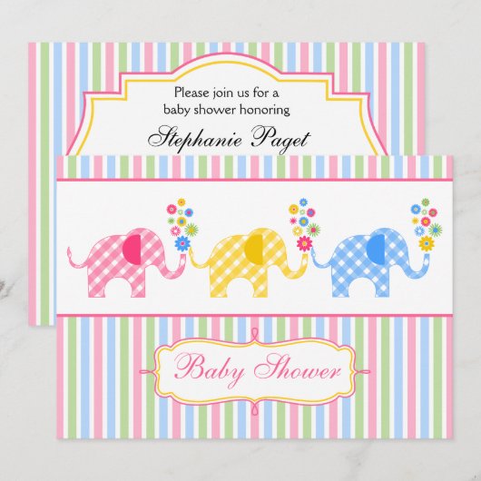Colorful Gingham Elephants Baby shower Kaart (Voorkant / Achterkant)