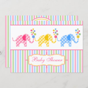 Colorful Gingham Elephants Baby shower Kaart