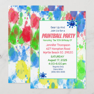 Colorful Girls Paintball Birthday Party Invitation Kaart