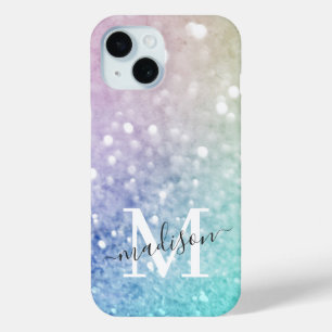 Colorful Glitter  Bokeh Monogrammed iPhone 15 Case