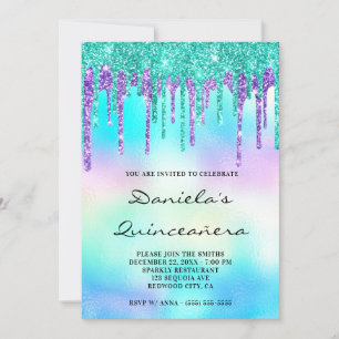 Colorful Glitter Drip Iridescent Quinceañera Kaart