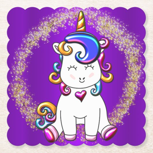 Colorful Glitter Unicorn Paars Kartonnen Onderzetters (Voorkant)