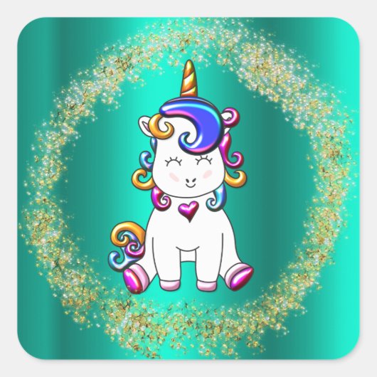 Colorful Glitter Unicorns Blauwgroen Vierkante Sticker (Voorkant)