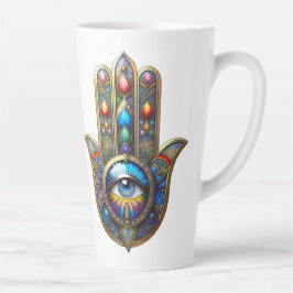 Colorful Gold Hamsa w/ Blue Speckle Third Eye Latte Mok