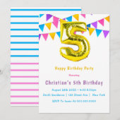 Colorful Golden 5th Birthday Invitations (Voorkant / Achterkant)