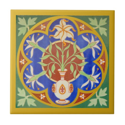 Colorful Gothic Revival TIle Lilies Fleur des Lis Tegeltje (Voorkant)