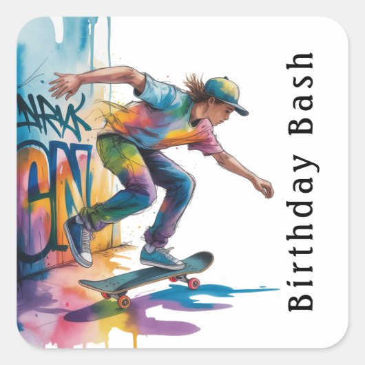 Colorful Graffiti Boy Birthday Bash Vierkante Sticker (Voorkant)