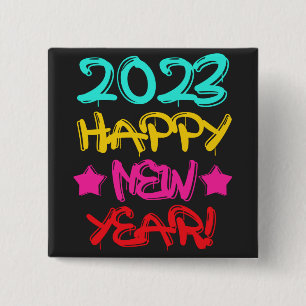 Colorful Graffiti Happy Nieuwjaar 2023 in Retro Vierkante Button 5,1 Cm