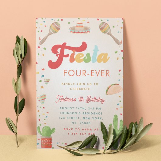 Colorful Groovy Fiesta 4th Birthday four-ever Kaart