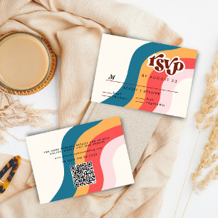 Colorful Groovy Retro 70s Wedding RSVP QR Code Informatiekaartje