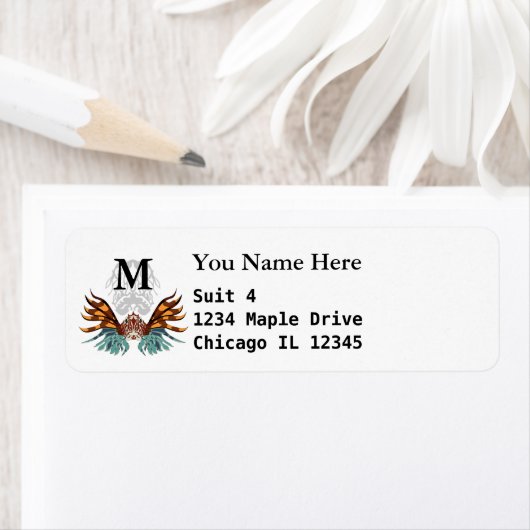 Colorful Grumpy Lionfish Cartoon Monogram Etiket (Insitu)