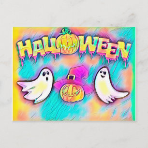 Colorful Halloween Ghost en Pumpkins Briefkaart