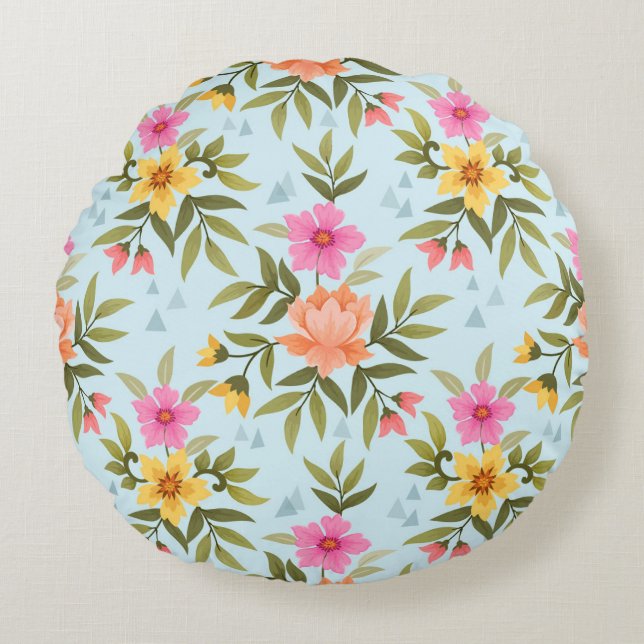 Colorful Hand Draw Flowers  Rond Kussen (Voorkant)