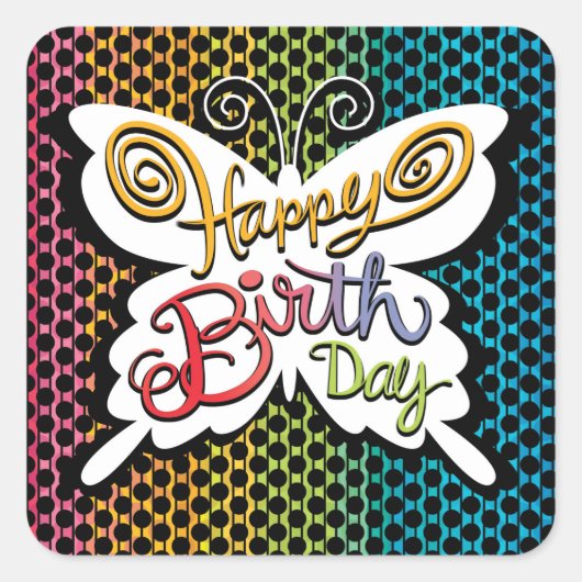 Colorful Hand Lettered Happy Birthday Butterfly Vierkante Sticker (Voorkant)