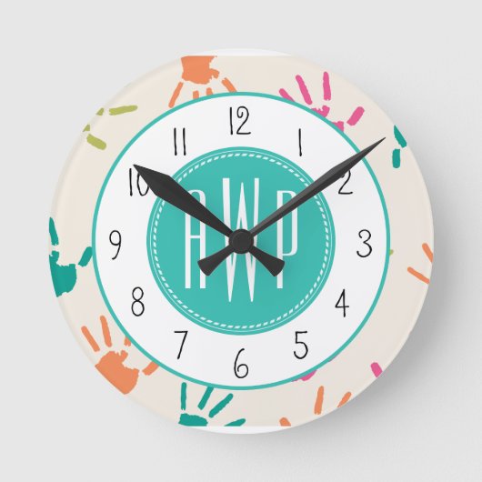 Colorful Handprints Monogram Teacher Ronde Klok (Voorkant)