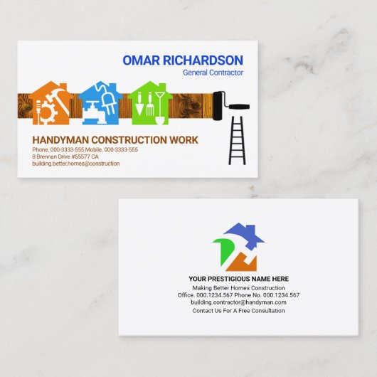 Colorful Handyman Tools Home Painter Visitekaartje (Voorkant / Achterkant)