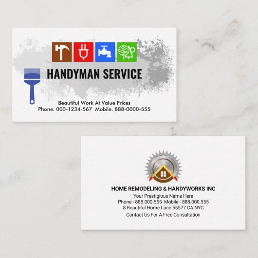 Colorful Handyman Tools Paint Splatter Visitekaartje (Voorkant / Achterkant)