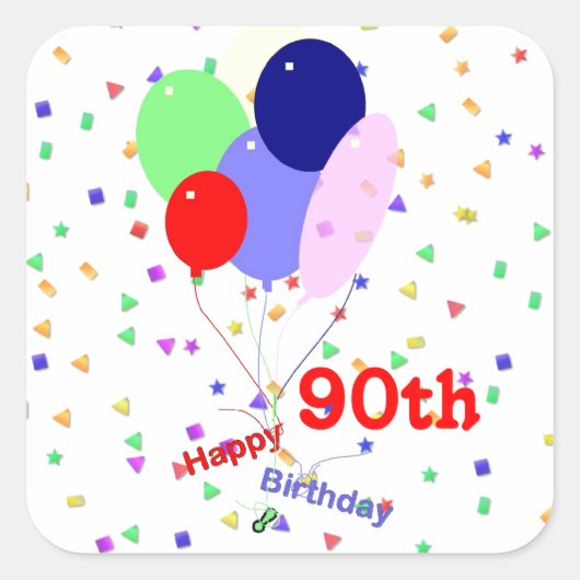 Colorful Happy 90th Birthday Balloons Vierkante Sticker (Voorkant)