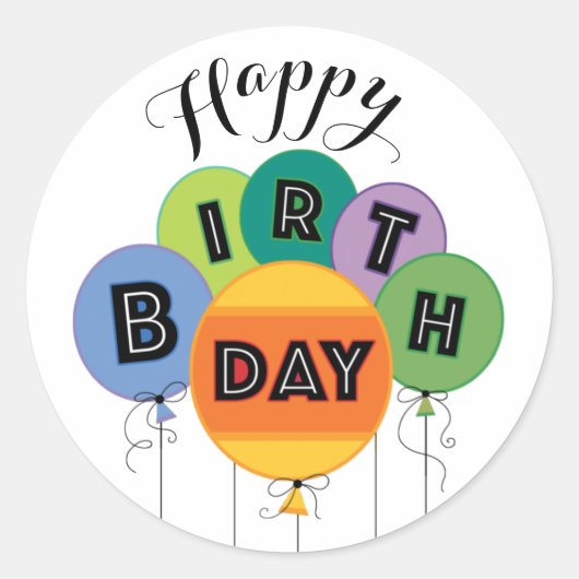 Colorful Happy Birthday Balloons Classic Round Sti Ronde Sticker (Voorkant)