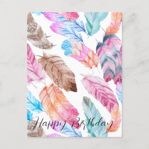 Colorful Happy Birthday Boho Feathers Briefkaart