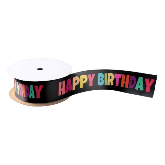 Colorful Happy Birthday op Black Satijnen Lint (Spoel)