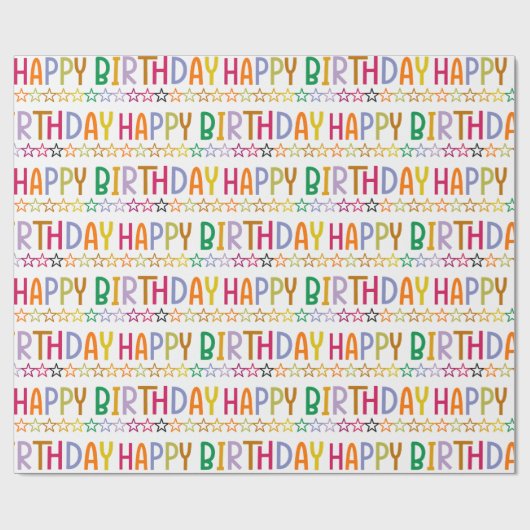 Colorful Happy Birthday-tekst en sterrenpatroon Cadeaupapier (Vlak)