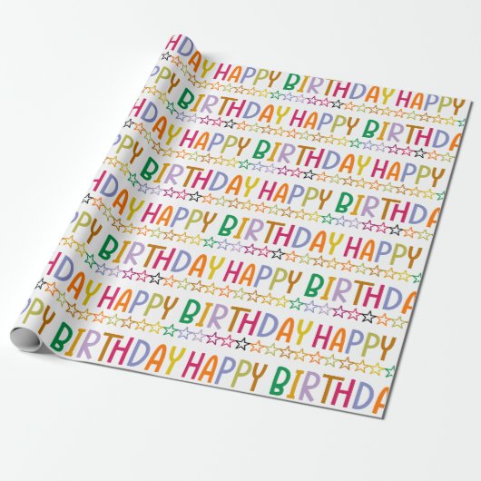 Colorful Happy Birthday-tekst en sterrenpatroon Cadeaupapier (Uitgerold)