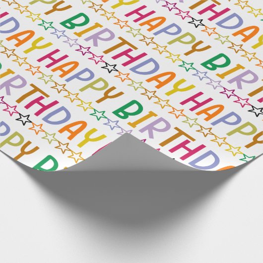 Colorful Happy Birthday-tekst en sterrenpatroon Cadeaupapier (Hoek)