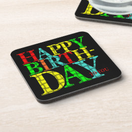 Colorful Happy Birthday-tekst met zwarte achtergro Drankjes Onderzetter