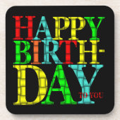 Colorful Happy Birthday-tekst met zwarte achtergro Drankjes Onderzetter (Voorkant)