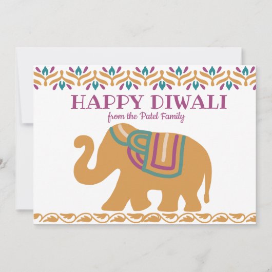 Colorful Happy Diwali Elephant and Family Photo Feestdagenkaart (Voorkant)
