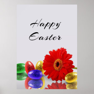 Colorful Happy Easter Eggs met Gerbera Poster