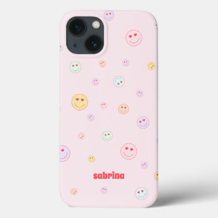 Colorful Happy Face Heart Eyes met naam Case-Mate iPhone Case