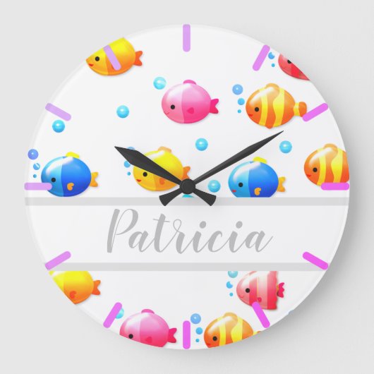 Colorful Happy Fish met bubbels Grote Klok (Voorkant)