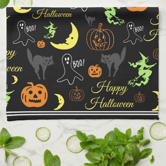 Colorful Happy Halloween Pattern Black Theedoek (Gevouwen)