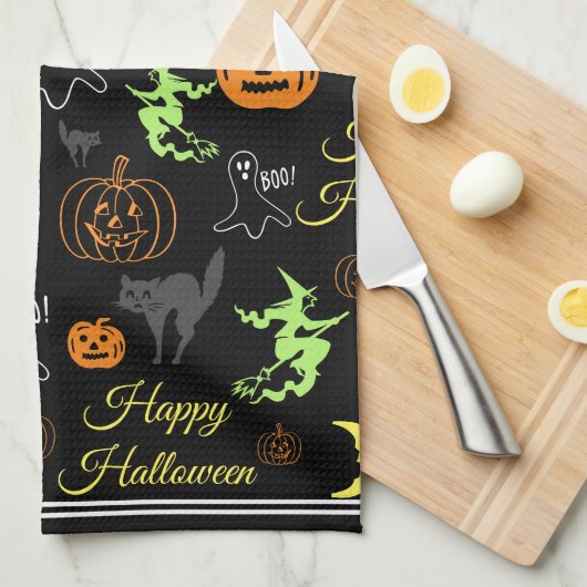 Colorful Happy Halloween Pattern Black Theedoek (Quarter Fold)
