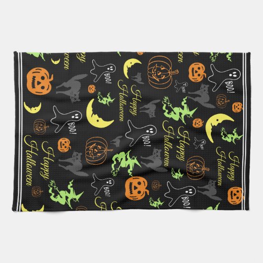 Colorful Happy Halloween Pattern Black Theedoek (Horizontaal)
