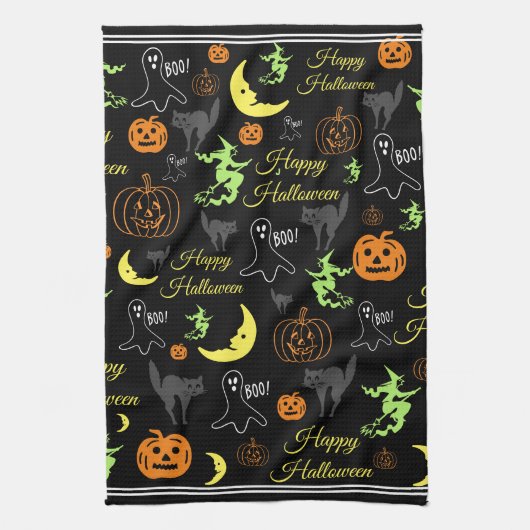 Colorful Happy Halloween Pattern Black Theedoek (Verticaal)