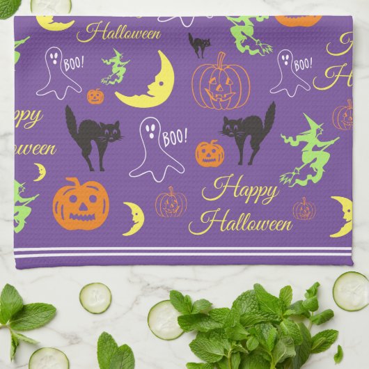 Colorful Happy Halloween Pattern Paars Theedoek (Gevouwen)